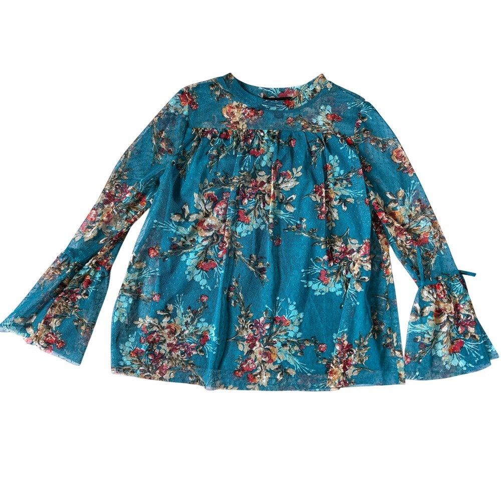 Amy Byer Floral Mesh Top Kids Teal Bell‎ Sleeve Tie Cuffs Size L 14